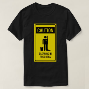 進行中の印のTシャツをきれいにする注意 Tシャツ