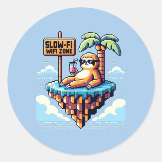 遅いWiFiゾーン – Pixel おもしろい Art Sloth Vacation ラウンドシール (正面)