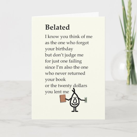 遅れたおもしろいハッピーバースデー詩を歌った カード (正面)