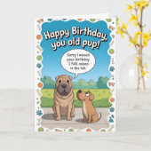 遅れた誕生日おめでとう犬 カード (黄色い花)