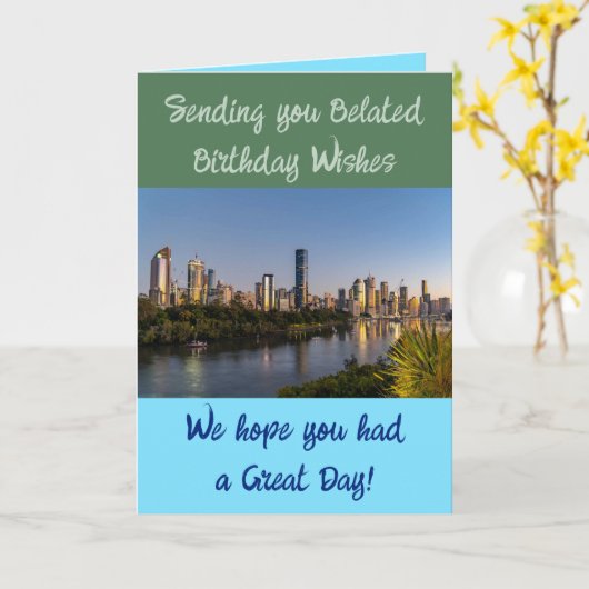 遅れた誕生日の願い写真の青の緑を追加 カード (黄色い花)