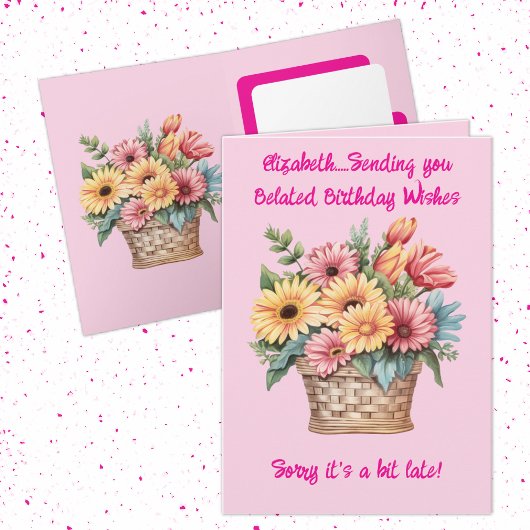 遅れた誕生日の願い名ピンク カード