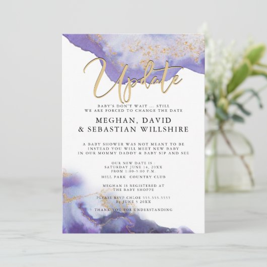 遅延ベビーシャワーアメジスト水彩ダイオード 招待状 (スタンド正面)