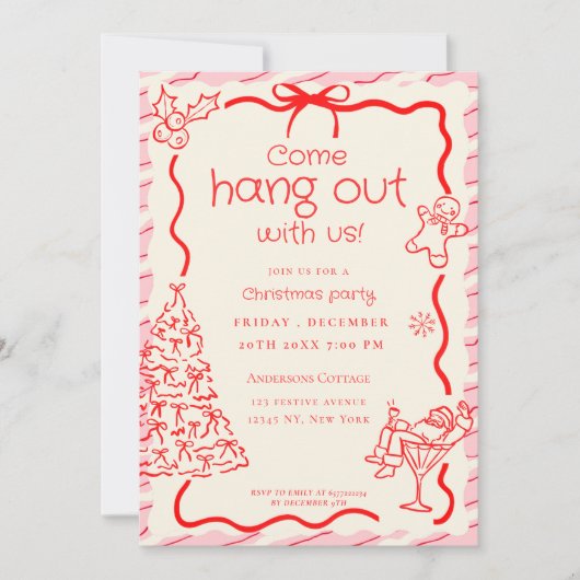 遊びに来て　不思議な赤とピンクのクリスマスパーティー 招待状 (正面)