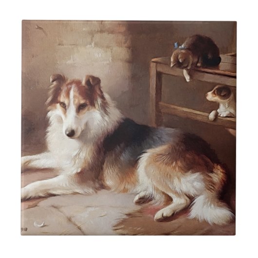 遊び仲間-犬の子ネコ-子犬 タイル (正面)