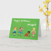 遊び場の女パーソナライズされたの子の誕生日カード カード (黄色い花)