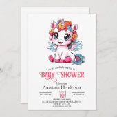 遊び心あふれるかわいいユニコーンのベビーシャワー 招待状 (正面/裏面)