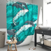 遊び心あふれるイルカと海の波 シャワーカーテン