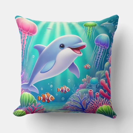 🐬 遊び心あふれるイルカと色彩豊かなサンゴ礁の楽園🌊✨ クッション (正面)