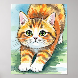 遊び心あふれるオレンジ色のタビー子猫の水彩アートポスター ポスター