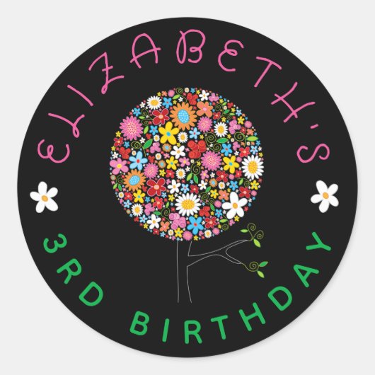 遊び心あふれるカラフルな春の花が咲き乱れるツリーパーティー ラウンドシール (正面)