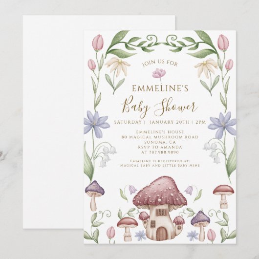 遊び心あふれるキノコの森のベビーシャワー 招待状 (正面/裏面)