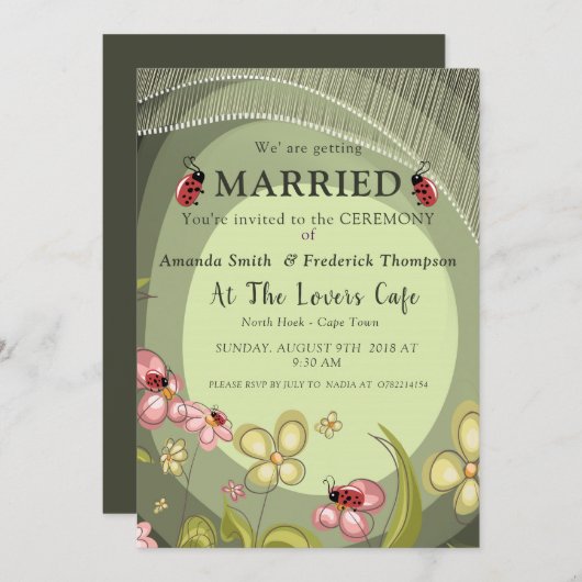 遊び心あふれるグリーンとレディバードのウェディング 招待状 (正面/裏面)