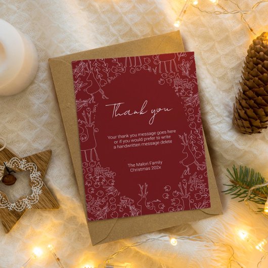 遊び心あふれるトナカイと冬の植物 - クリスマス サンキューカード