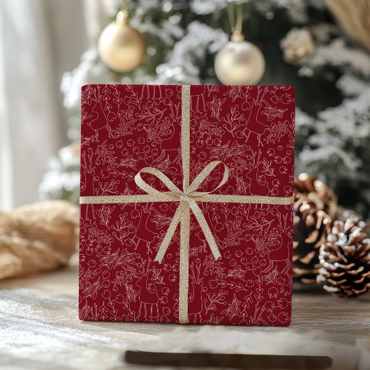 遊び心あふれるトナカイと冬の植物 - クリスマス ラッピングペーパー