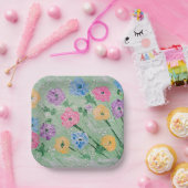 遊び心あふれるパステルカラーの花柄、7インチの正方形の紙皿 ペーパープレート (パーティー)