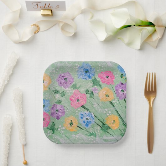 遊び心あふれるパステルカラーの花柄、7インチの角型紙皿 ペーパープレート (ウェディング)