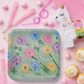 遊び心あふれるパステルカラーの花柄、9" 角の紙皿 ペーパープレート (パーティー)