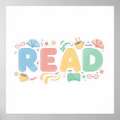 遊び心あふれるパステルバブル"読書"ステッカー ポスター (正面)