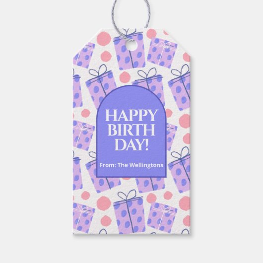 遊び心あふれるパープルの水玉ギフトボックス 誕生日 ギフトタグ (正面)