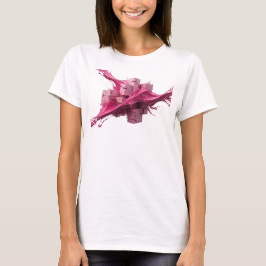 遊び心あふれるピンクの抽象的キューブ柄カスタムシャツ Tシャツ (正面)