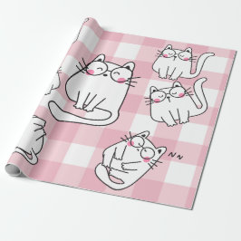 遊び心あふれるピンクの猫イラスト ラッピングペーパー