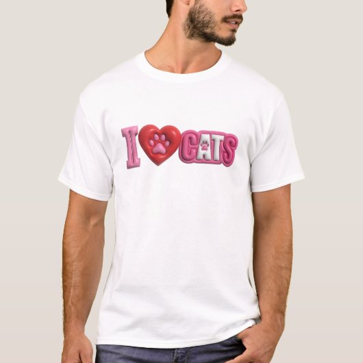 遊び心あふれるピンクの猫好きデザイン I LOVE CATS Tシャツ (正面)