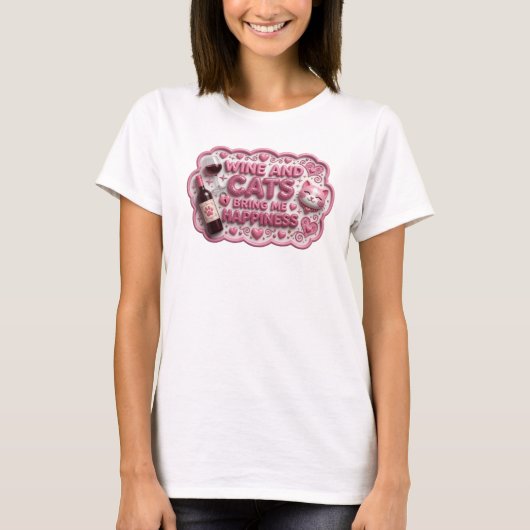 遊び心あふれるピンクの「ワインと猫が私を幸せにする」デザイン Tシャツ (正面)