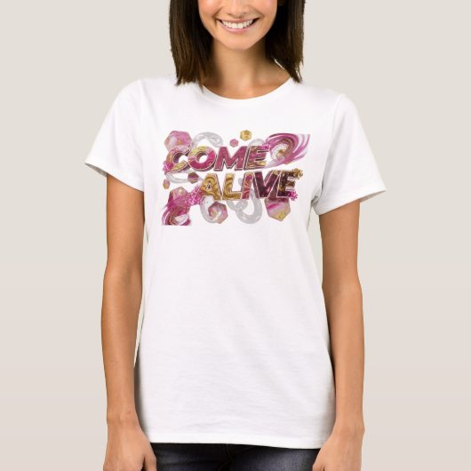 遊び心あふれるピンクのCOME ALIVEグラフィックTシャツ Tシャツ (正面)