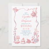 遊び心あふれるファンキーな手描きのピンクとブルーのウェディング 招待状 (正面)