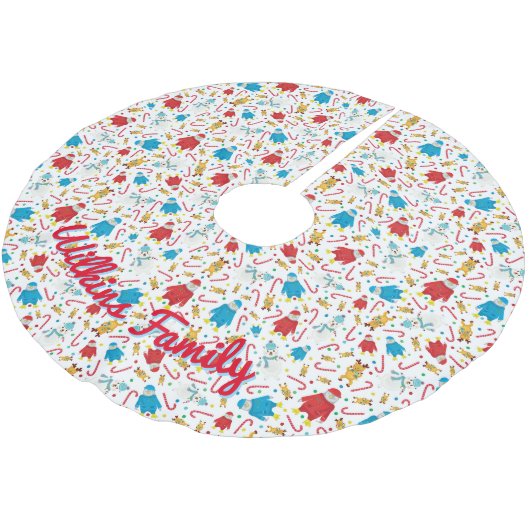 遊び心あふれるペンギン、トナカイ、雪だるまのデザイン ブラッシュドポリエステルツリースカート (アングル)