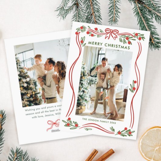 遊び心あふれるボホ 赤いクリスマス リボン 2枚の写真 シーズンカード