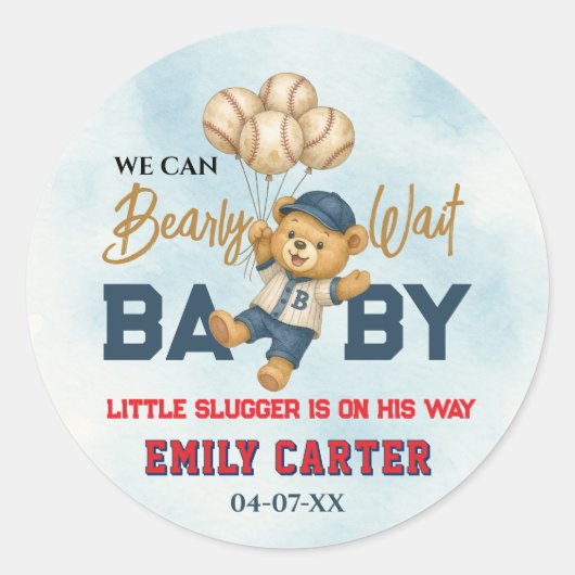 遊び心あふれるリトルスラッガー ブルーベースボール ベイビーシャワーパーティー ラウンドシール (正面)