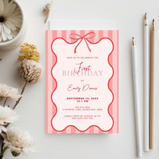 遊び心あふれるレトロなボーダー ファーストバースデーパーティー 招待状