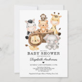 遊び心あふれるワイルドサファリ動物 ニュートラルベビーシャワー 招待状 (正面)