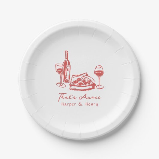 遊び心あふれる手描きのピザとワインのウェディング ペーパープレート (正面)