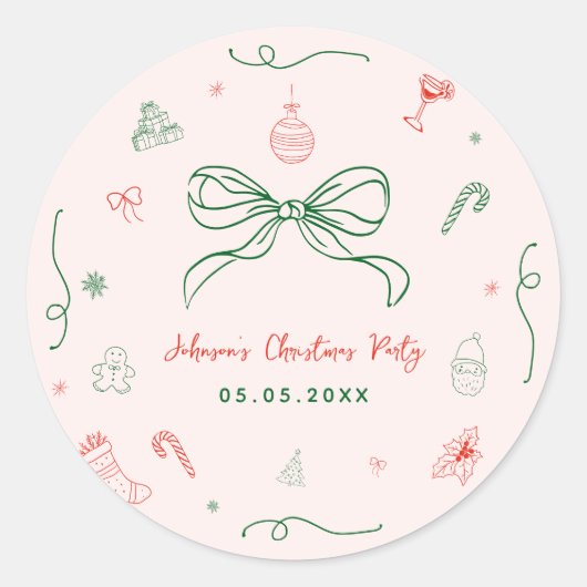 遊び心あふれる手描きの楽しいフランスのクリスマスパーティ ラウンドシール (正面)