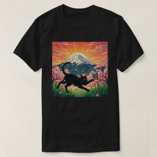 遊び心あふれる日本の桜の子猫 Tシャツ (デザイン正面)