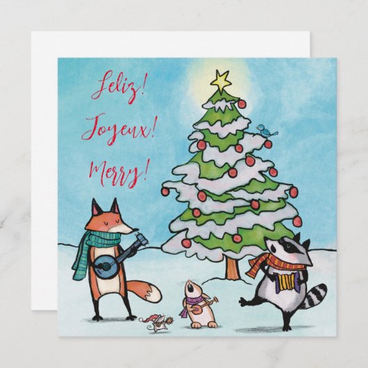 遊び心あふれる森のクリスマス ホリデー グリーティング カード (正面/裏面)