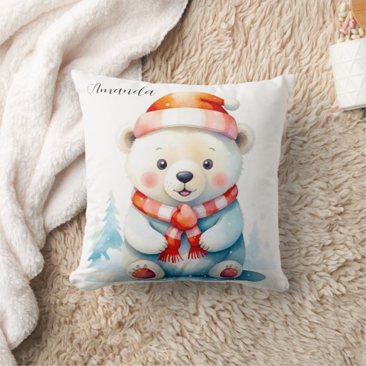 遊び心あふれる水彩クリスマスの北極熊 クッション (ブランケット)