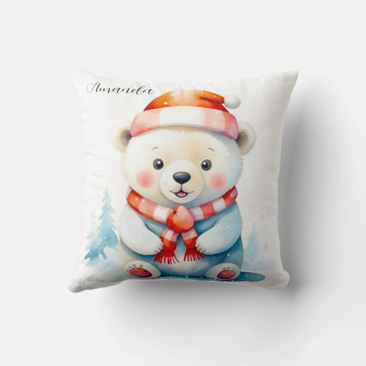 遊び心あふれる水彩クリスマスの北極熊 クッション (裏面)