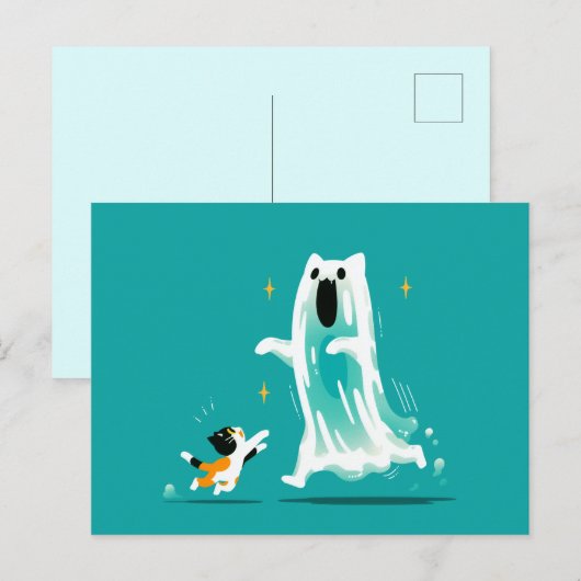 遊び心あふれる猫と仲良しのお化け 〜 かわいいハロウィン シーズンポストカード (正面/裏面)
