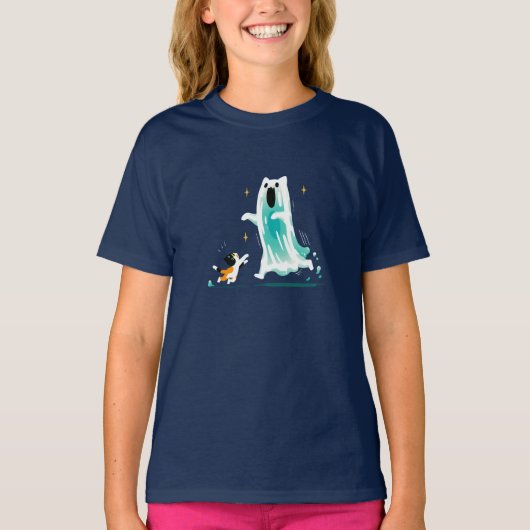 遊び心あふれる猫と仲良しのお化け - かわいいハロウィン Tシャツ (正面)