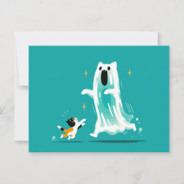 遊び心あふれる猫と仲良しの幽霊 - かわいいハロウィン ポストカード