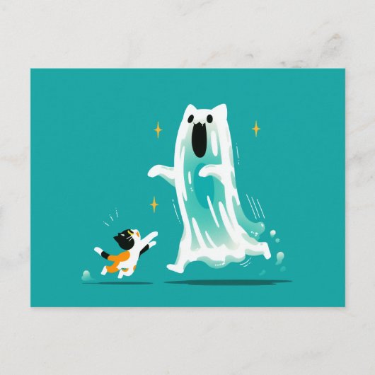 遊び心あふれる猫と仲良しの幽霊 - かわいいハロウィン ポストカード (正面)