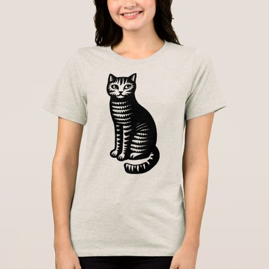 遊び心あふれる猫の木版画スタイル トライブレンドTシャツ (正面)