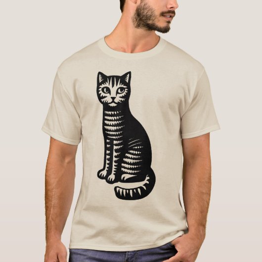 遊び心あふれる猫の木版画スタイル Tシャツ (正面)