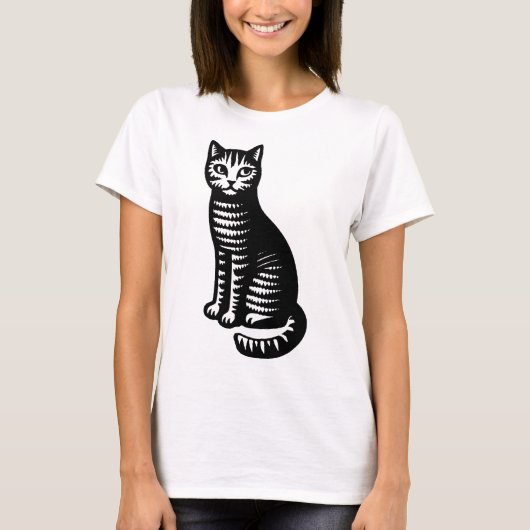 遊び心あふれる猫の木版画スタイル Tシャツ (正面)