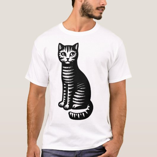 遊び心あふれる猫の木版画スタイル Tシャツ (正面)