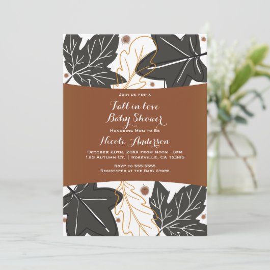遊び心あふれる秋の落ち葉とどんぐりのベビーシャワー 招待状 (スタンド正面)